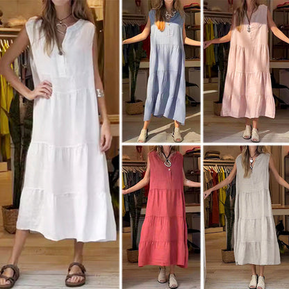 🔥【M-4XL】👗Γυναικείο Μακρύ Φόρεμα με V-Λαιμόκοψη, Κουμπιά, Αμανικό και Στρωματοποιημένο Σχέδιο🦋