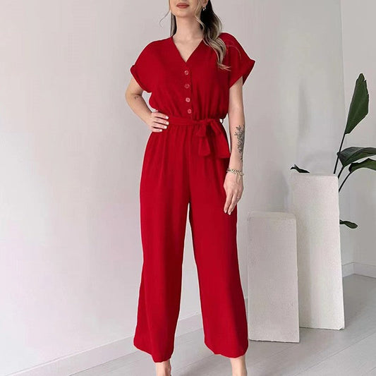 💖 Női V-nyakú rövid ujjú V-nyakú alkalmi alkalmi Jumpsuit