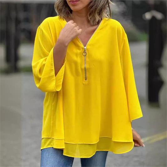 ✨Double-Layer V-neck Zipper 3/4 Sleeves Soft Tops