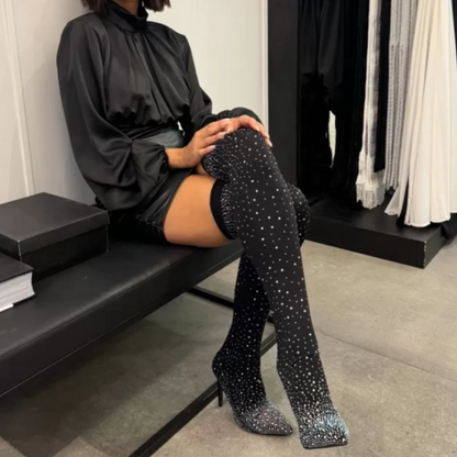 🔥🖤Γυναικεία Sparkly Faux Diamonds Knee High Boots👠δωρεάν αποστολή