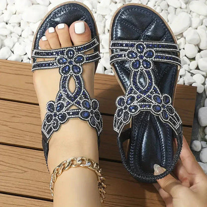 🔥Vânzare fierbinte de vară - Sandale plate Chic Floral Rhinestone💥