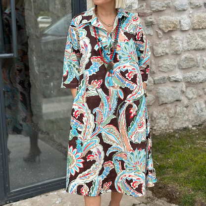 🔥Πολύχρωμο φόρεμα με μανίκια 3/4 μήκους και vintage floral print και τσέπες
