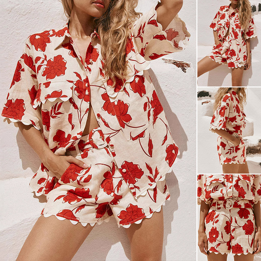 ✨【S-2XL】🌹Γυναικείο σετ πουκάμισο & σορτς δύο τεμαχίων με εκλεκτής ποιότητας φλοράλ εκτύπωση