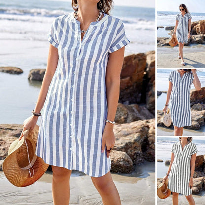 🔥Μεγάλη Έκπτωση 50%！💙Γυναικείο ριγέ φόρεμα πουκάμισο με κουμπί