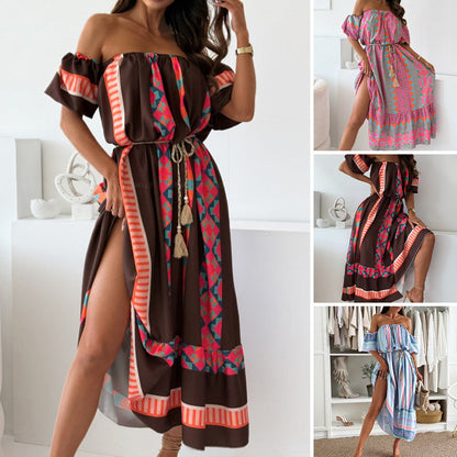 🌈【S-5XL】👗Ζωντανό Εκτύπωμα Φόρεμα Χωρίς Ώμους | Φωτεινά Χρώματα για Ευχάριστες Δονήσεις