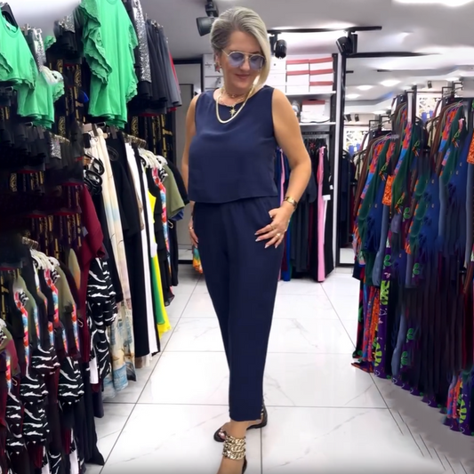 💖【S-5XL】✨Γυναικείο σετ αμάνικο μπλουζάκι & παντελόνι δύο τεμαχίων αμιγούς χρώματος