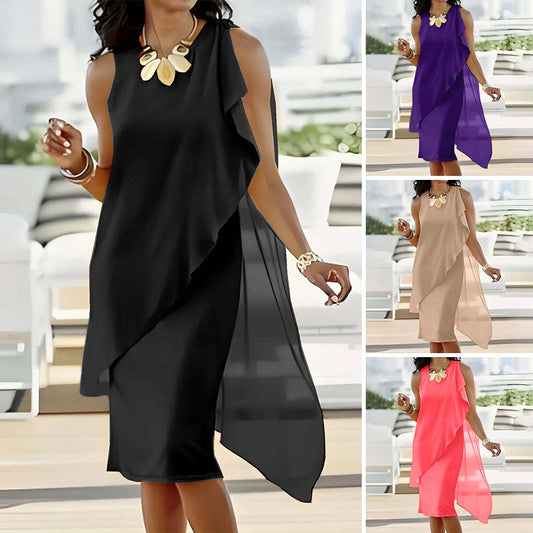 👗 Γυναικείο καλοκαιρινό κομψό φόρεμα με στρογγυλό λαιμό, ασύμμετρη δαντέλα και χωρίς μανίκια
