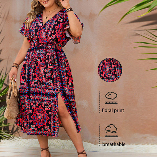 💖Γυναικείο casual ρετρό φόρεμα με V λαιμόκοψη και τύπωμα