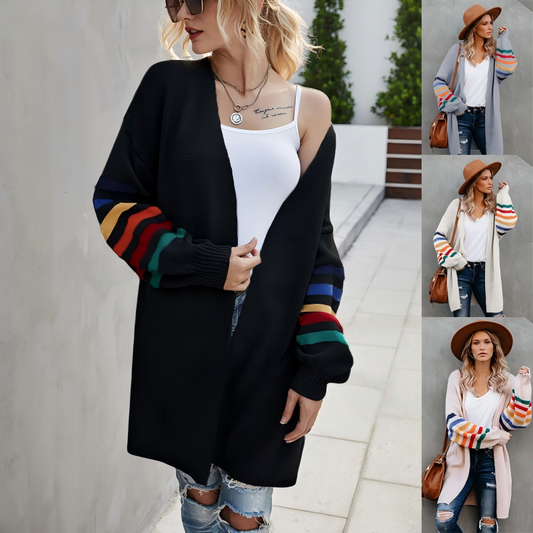 Versatile Color-Striped Sleeve Sweater Coat